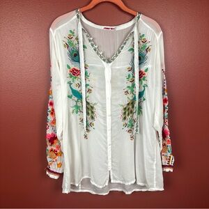 Johnny Was white button down floral embroidered sleeves with peacocks